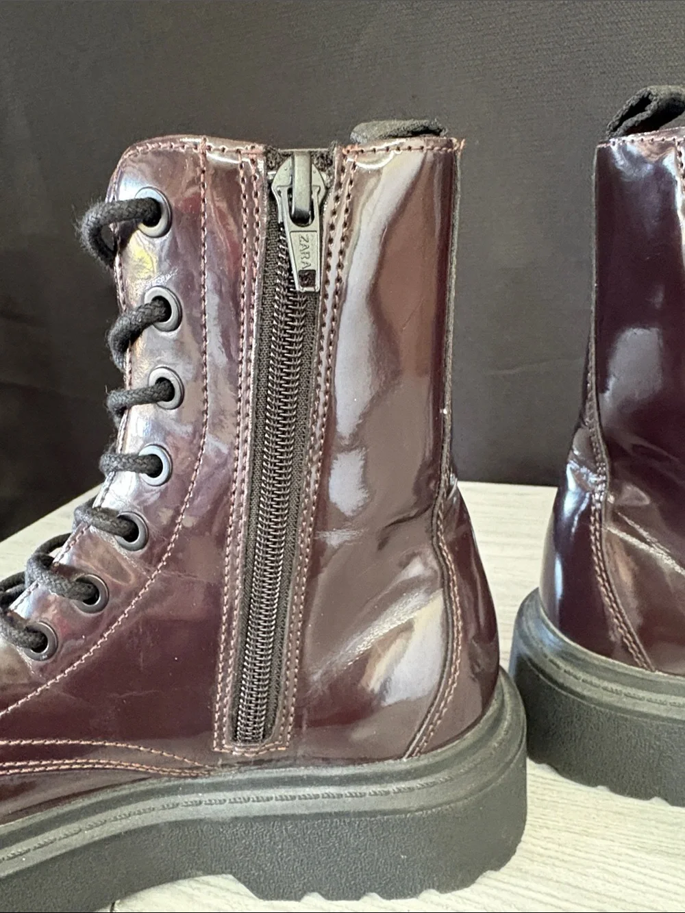 Zara Dark Burgundy Patent Lace-Up Kids Platform Boots